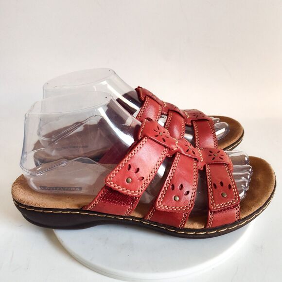 Clarks Sandals Size 7 Leisa Spring Slides Red Leather Slip On Comfort Flats - Picture 2 of 10